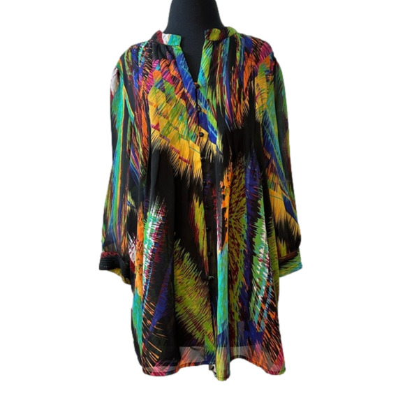 Chaus Tops - Chaus Multi-Colored 3/4 Sleeve Pleated Tunic Top Button Up Front Detail Size 14